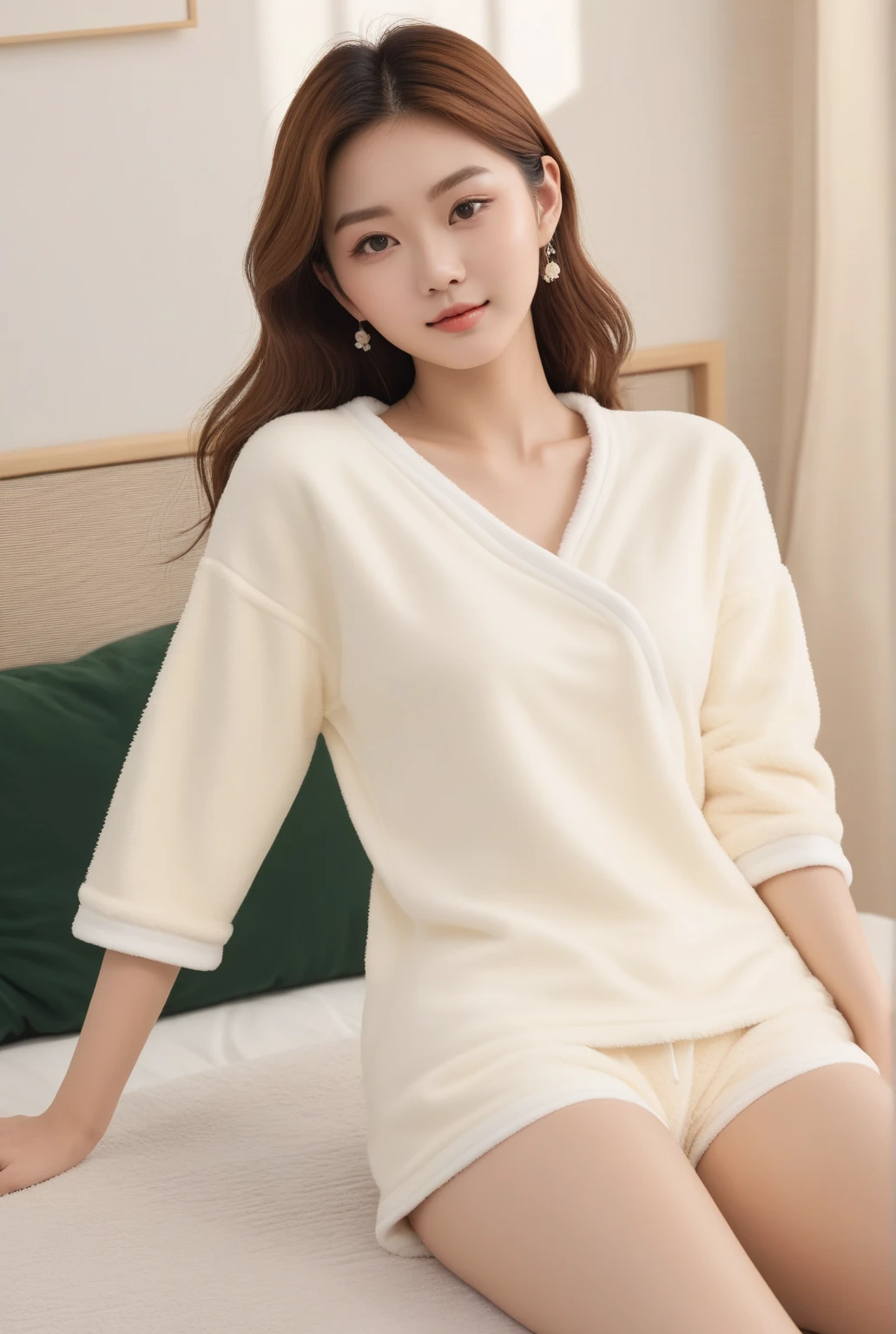 highest quality, masterpiece, ultra high resolution, (realistic:1.4), (close portrait) Raw photo, 1 girl, 22 years old,(((Sweatshirt))),((Rumbling in bed)),((Waking up)),masterpiece, realistic pictures, japanese pictures, fuji negative film, saturation, contrast, Pocari Sweat Advertisement ((small breasts)),((smiling showing teeth)),Ponytail and scrunchie,brown hair,