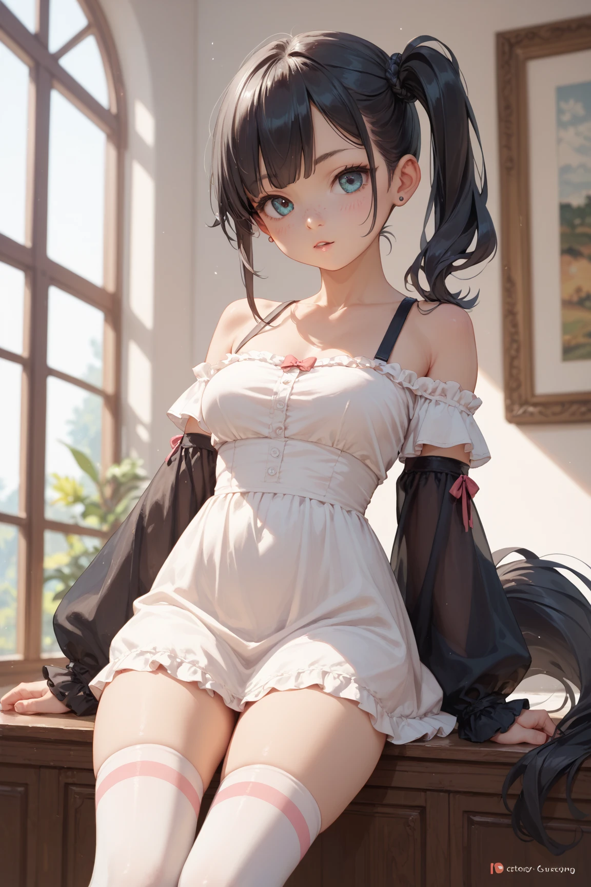 (masterpiece, best quality), female twenty-something, buoyant, east asian, light brown eyes, pointed ears, long nose, cleft chin, diamond face shape with angular cheeks, , burgundy blunt bangs hair, satisfaction wearing lace panties, mesh top, ankle boots, straw hat,, hand on collarbone, placing a hand on the collarbone, creating a captivating and alluring pose, warm lighting, soft golden or amber hues creating a cozy and inviting atmosphere