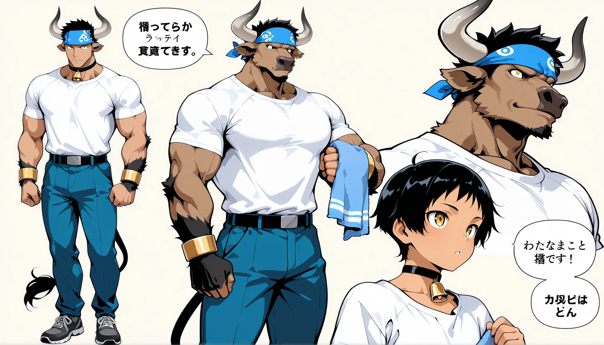 (masterpiece, best quality, high quality,8k,) Create a character design sheet featuring a three-view (front, side, and back) layout of an animatrous 
 BREAK . BREAK　  1 beautiful-man(15 yo) chef muscular (flat-chest:1.4) (black-short-hair:1.4) yellow-eyes (white-shirts:1.4) apron pants (Bandana towel:1.4) cow-bell-choker  BREAK  and 1 Minotaur, king, (body-fur:1.4) (red-aloha-shirts:1.2) strong body, big body, yaoi　Gold bracelet.  cow-bell-choke (Bandana towel:1.4 smiling dynamic-angle Underground Labyrinth. cafe　kitchen sound-effect Japanese-text speech-bubble side-view