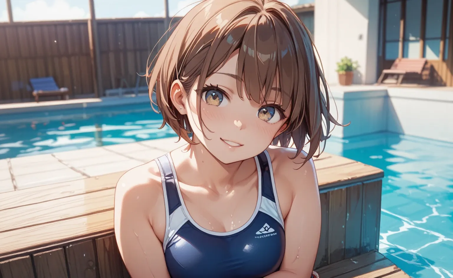 (masterpiece:1.2, highest quality), (Realistic, photoRealistic:1.4), Beautiful illustrations, (Natural Side Lighting, Cinema Lighting),
View Viewer, whole body,(Front view), 2 girls, Japanese, 16 years old, Perfect Face, Cute and symmetrical face, Shiny skin, Baby Face,
(short hair:1.2, Light brown hair), blue eyes, (Big Breasts:0.8),
Beautiful Hair, Beautiful Face, Beautiful fine details, Beautiful clavicle, Beautiful body, Beautiful breasts, Beautiful thighs, Beautiful feet, Beautiful fingers,
(Blue school swimsuit),
(Beautiful views), Outdoor, Pool,, (smile, Upward glance), shame,Shyness