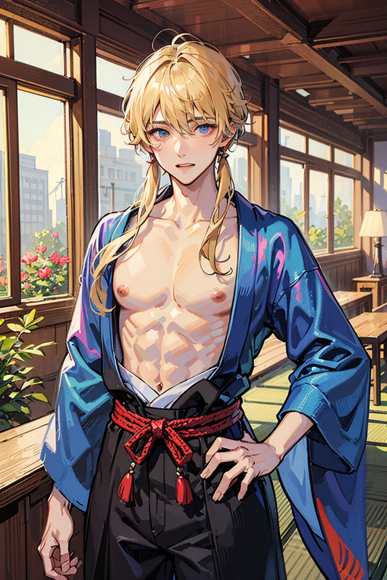 Blonde,Blue-green eyes,male,tall,Pale skin,sexy,Navy blue yukata