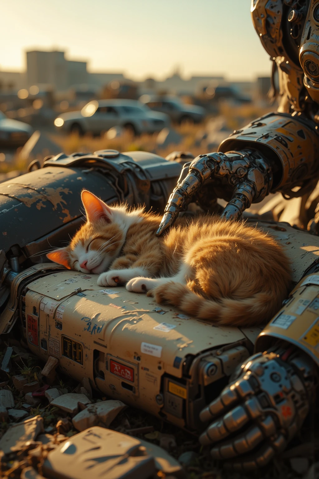 Nostalgic, A kitten and a junk robot found at a garbage dump, A calico cat sleeping on a cardboard bed, A robot hand gently grooming the cat, A pile of junk in the setting sun, An old blanket, Warm light, A heartwarming moment