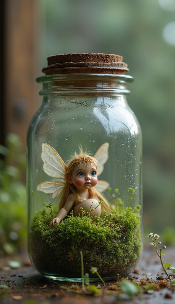 ((Fairy trapped in a big bottle)), luminous, blonde, eyes closed, very cute, feathers, floating, flower garden in a bottle, one color background, put the whole bottle in the screen