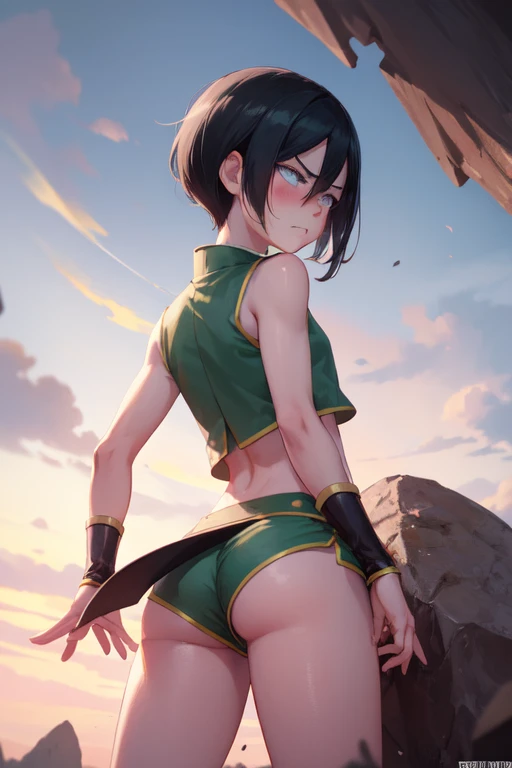 Toph beifong  ,happy, showing big ass, half naked, Forest background, smiling, sexy.