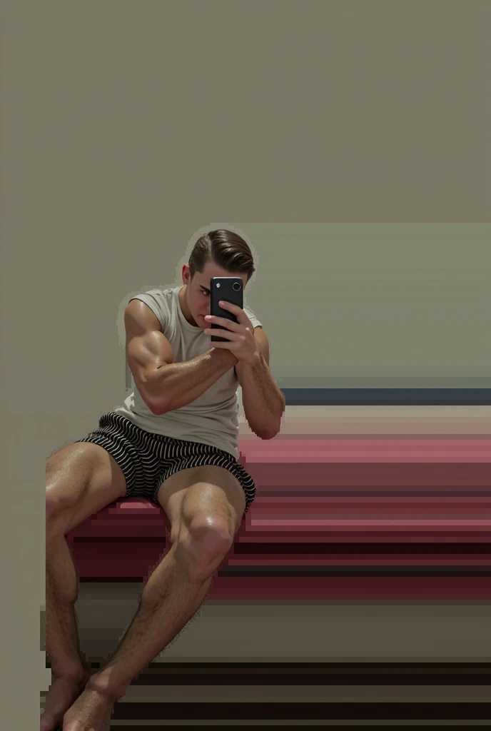 Athletic hunk muscular man with very short hair, vintage lingerie, glossy stockings, bra, very high stiletto heels with pointy toes, earrings, bra ,nylons and makeup, garterbelt, girdle, tattoos, long earrings, necklace, lipstick, corset, in a budoir, putting makeup on in front of the mirror