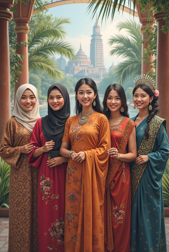 Generate three different and separate panel of three woman in different races and cloth. First panel is a chinese woman with short hair wearing an intricate cheongsam in red, second panel is a malay woman wearing black hijab and an intricate green beautiful baju kurung, the third panel is an indian girl with her skin a little toned with long hair dressed up wearing a yellow saree. A malaysia flag as the background with seven stripes of red, seven stripes of white, a crescent moon and thirteen vertex stars in yellow with blue color in the background. Some red hibiscus flowers as the decoration at below and left right corner.,Very-detailed, ultra-sharp, surrealism.