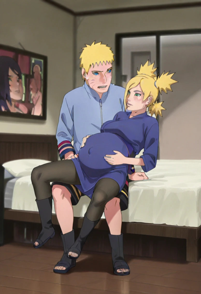 nara temari, green eyes, blonde hair, quad tails,
short kimono, obi, pantyhose, open-toe boots,1girl,1boy,pregnant girl,uzumaki naruto pregnant temari,cheating,ntr,detailed,highres,naruto uzumaki, male whisker markings, blonde hair, blue eyes,hetero,bedroom,full body,