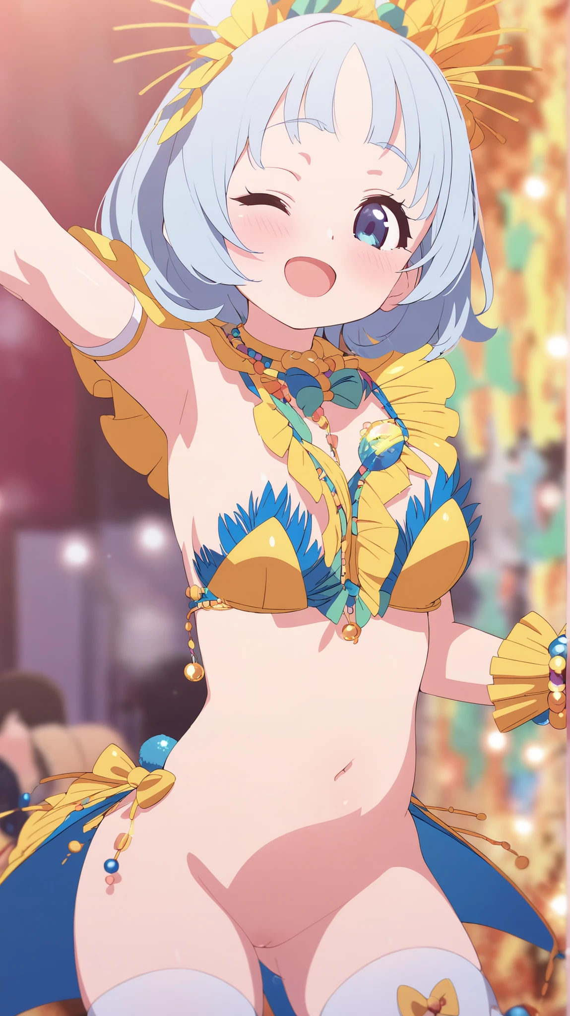 mio aikatsu, mio minato aikatsu, small breasts, nude, peace sign, on bed, blush , shy, embarrasing, smile, micro bikini