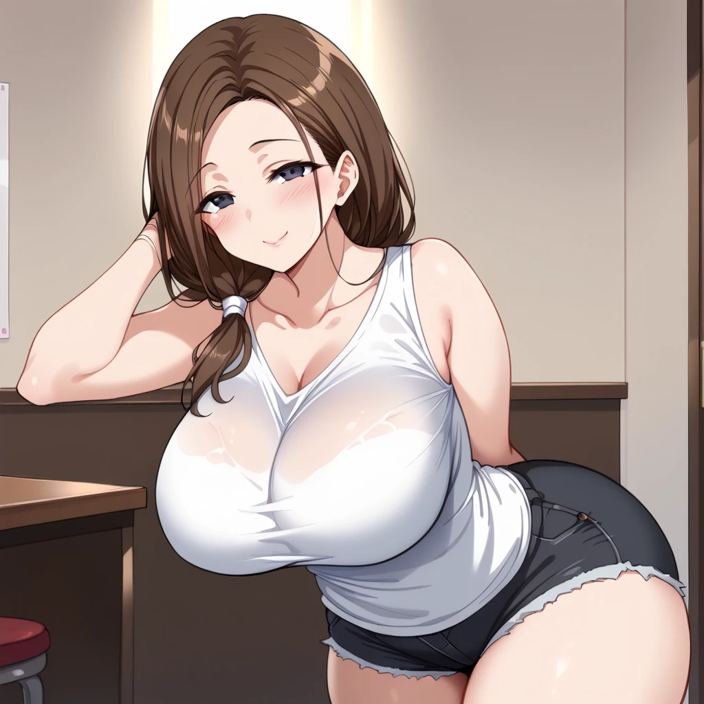 ((Masterpiece)), perfect anatomy, perfect shading, field of depth, (best quality), extremely delicate and beautiful, perfect lighting, detailed face, ultra cute face, cute, ((1girl)), ((solo))

long fluffy brown hair, brown eyes, ((blush)), nervous, looking at viewer, crop top, jeans, cleavage, large breasts, ((thick thighs)), (wide hips), plump, chubby belly, 

intricate background, detailed background, fast food restaurant,
