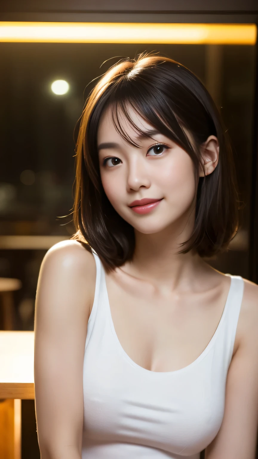downbrouse、(((Realistic skin type)))、(leaning-forward:1.3)、(Oversized pajamas、Loose fitting pajamas、Low Cut Pajamas:1.2)、(top-quality、8K、32K、​masterpiece)、(Detailed bra)、japanes、28 year old、Very pretty girl、a beauty girl、crouching down、Bright smile、Bedrooms、blurry backround、short-cut、Upper body close-up、Shot from above
