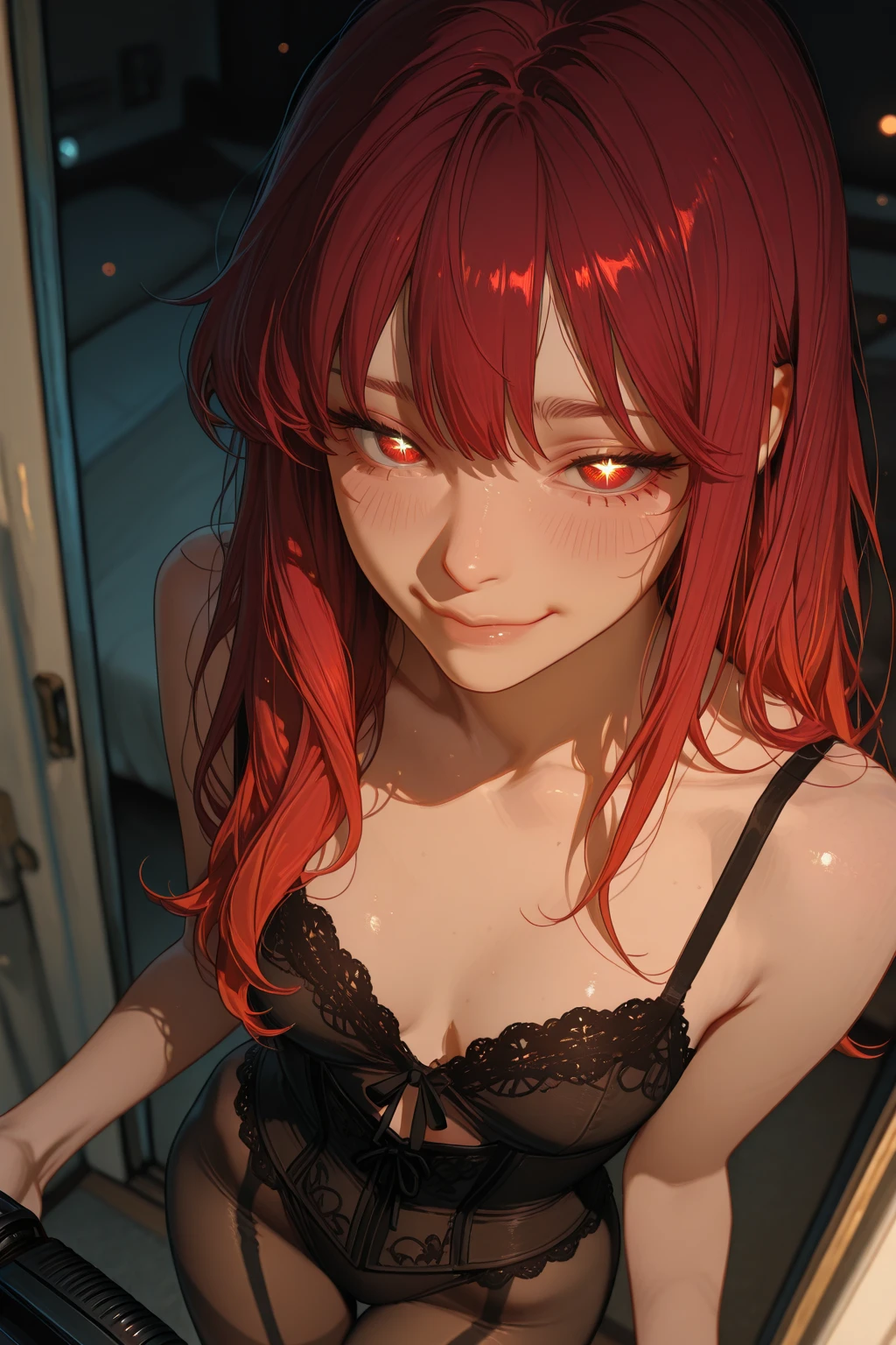 Long red hair, yellow eyes, evil, sexy, white and black sexy clothes, lingerie, seductive, sexy pose, lay in bed, night, sensual, straigh hair cut, clear skin, evil, young 30 years girl, adult girl, solo, red, very long hair, 