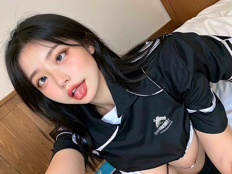 there is a woman with a tattoo on her arm taking a selfie, anime thai girl, asian face, 🤤 girl portrait, with straight black hair, she has black hair with bangs, Asian girl, Chinese girl, sakimi-chan, young Asian girl, with black pigtails, in my bed, beautiful Asian girl, young cute wan asian face, with bangs, chiho