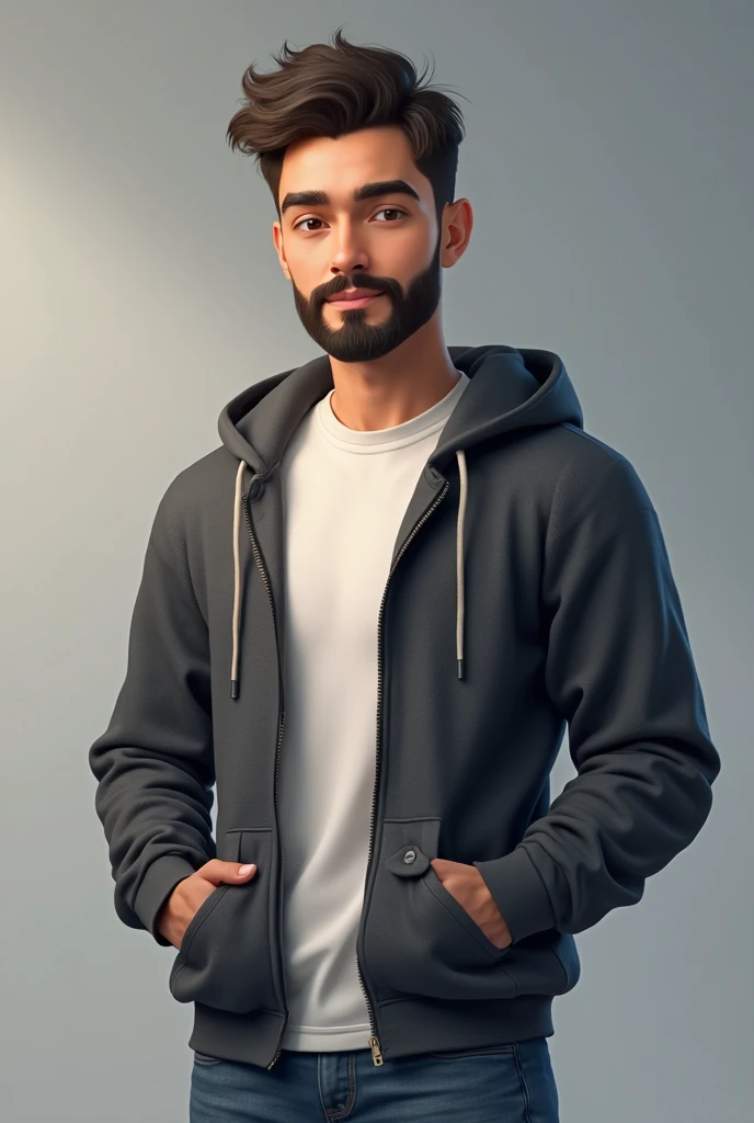 indoor in a dark room，A man 35 yr, short beard, Wear a navy hoodie，A sweatshirt hat on his head，He also wore black sunglasses 