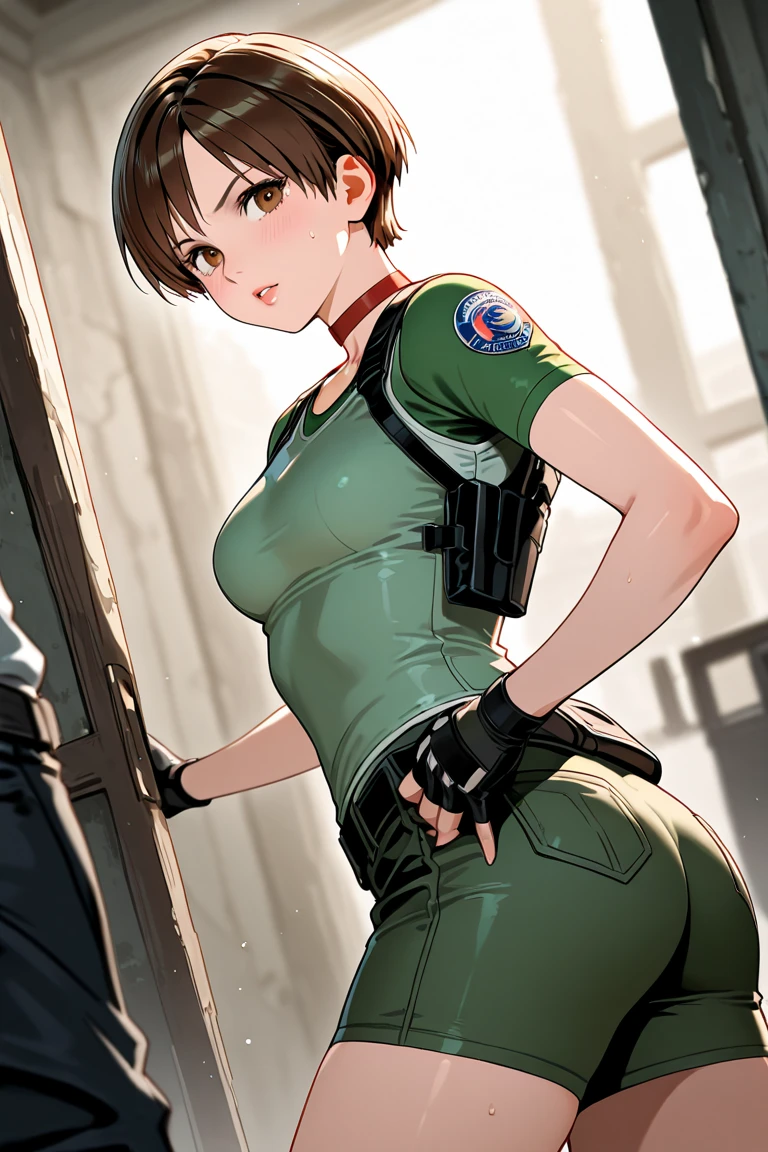 score_9, score_8_up, score_7_up, score_6_up, score_5_up, score_4_up, source_anime, realistic, photoshop \(medium\), <lora:Becky_t1_Pony-000014-128:1.0> 1girl, Rebecca Chambers, brown eyes, fingerless gloves, pant pull, from behind
, indoors, decrepit mansion, main hall, darkness, at night, dark