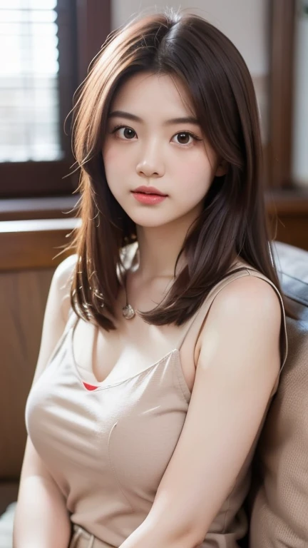 masterpiece, Best Quality, Raw photo, 8K, ultra-detailed face, 1girl, Beautiful detailed skin, backlight, soft light, bashful, (shoot from front), looking at viewer, open your mouth as if you want to say something, Luminescent, Anatomically correct, Medium hair, bangs, Eyes and faces with detailed, Textured skin, Professional Photography, Bokeh, Portrait, Professional Lighting, Solo, Cute, Girly, Film grain, Mini dress,