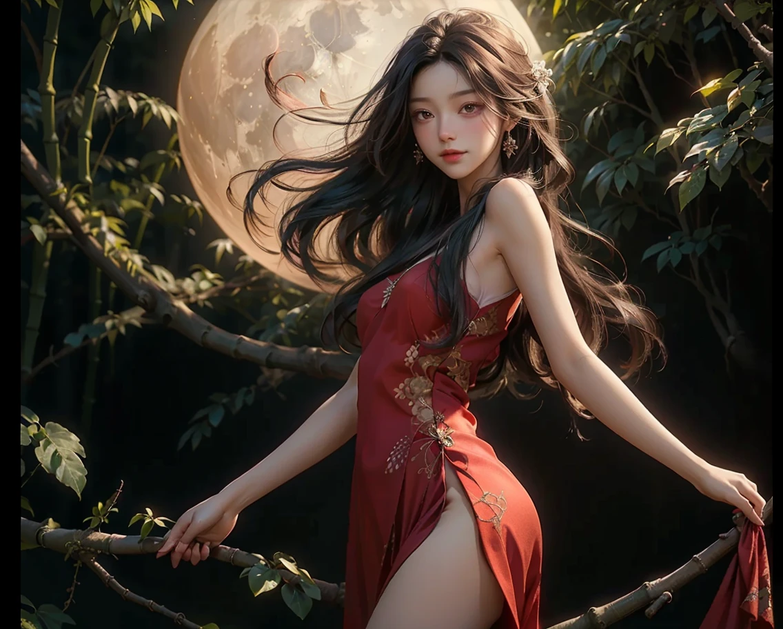 Beautiful black-haired girl with brown eyes and long hair, big breasts with sensual and transparent elegant red dress with orb of light water element in a night forest under the light of the moon and stars masterpiece of the highest quality 8k beautiful hands super detailed 