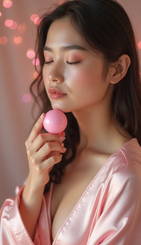 A beautiful Thai woman wearing a tank top, holding a pink massager and a milky liquid dripping down her cheek, the woman's lips are smiling slightly as she closes her eyes as if she is imagining something delicious.