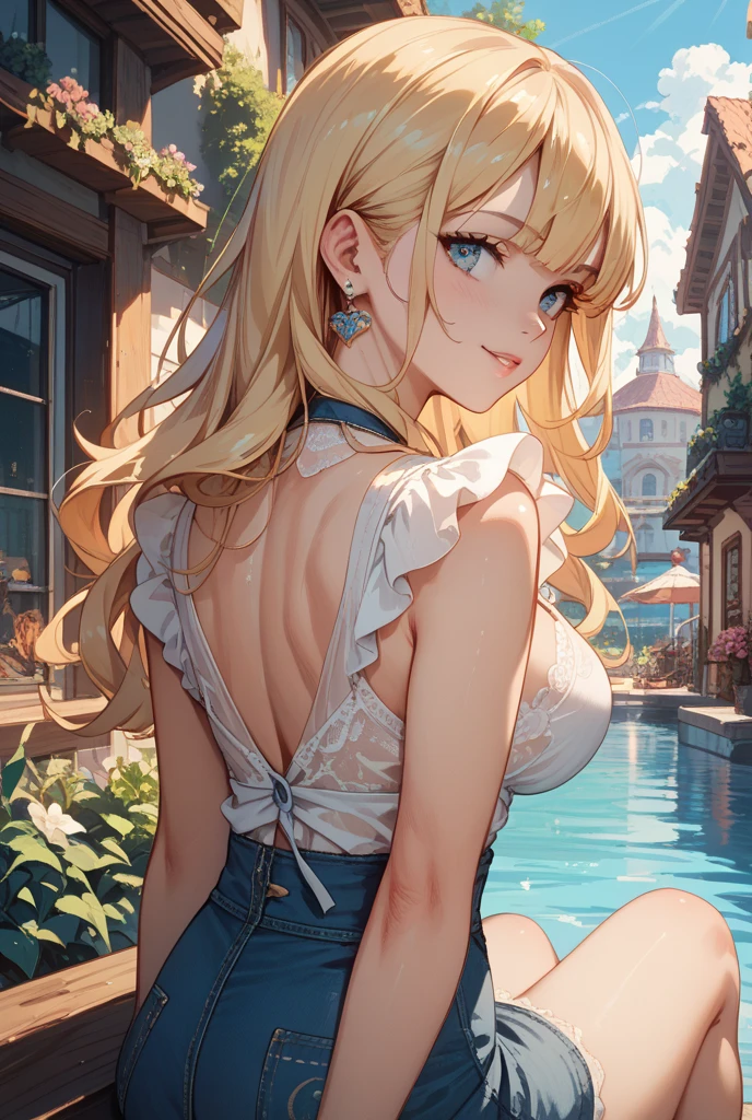 (masterpiece:1.2), (highest quality:1.2),, Curvy but slender body, perfect eyes, perfect face, perfect lighting, 1 girl, in the garden, （feet visible），（T-back），（casual clothes），（view from directly behind），（I can see your butt），（ponytail），curly hair, Fine clothes, Detailed outdoor background, compensate, eye shadow, thick eyelashes, fantasy, looking at the viewer, whole body，alice in wonderland、blue sky、Bright and very beautiful face、young shiny glossy white shiny skin、the best beauty、The most beautiful bright blonde hair in the world、thin hair、long hair、Shining beautiful bangs、Glowing crystal clear big blue eyes、Very beautiful lovely 17 year old most beautiful girl in the world、small breasts