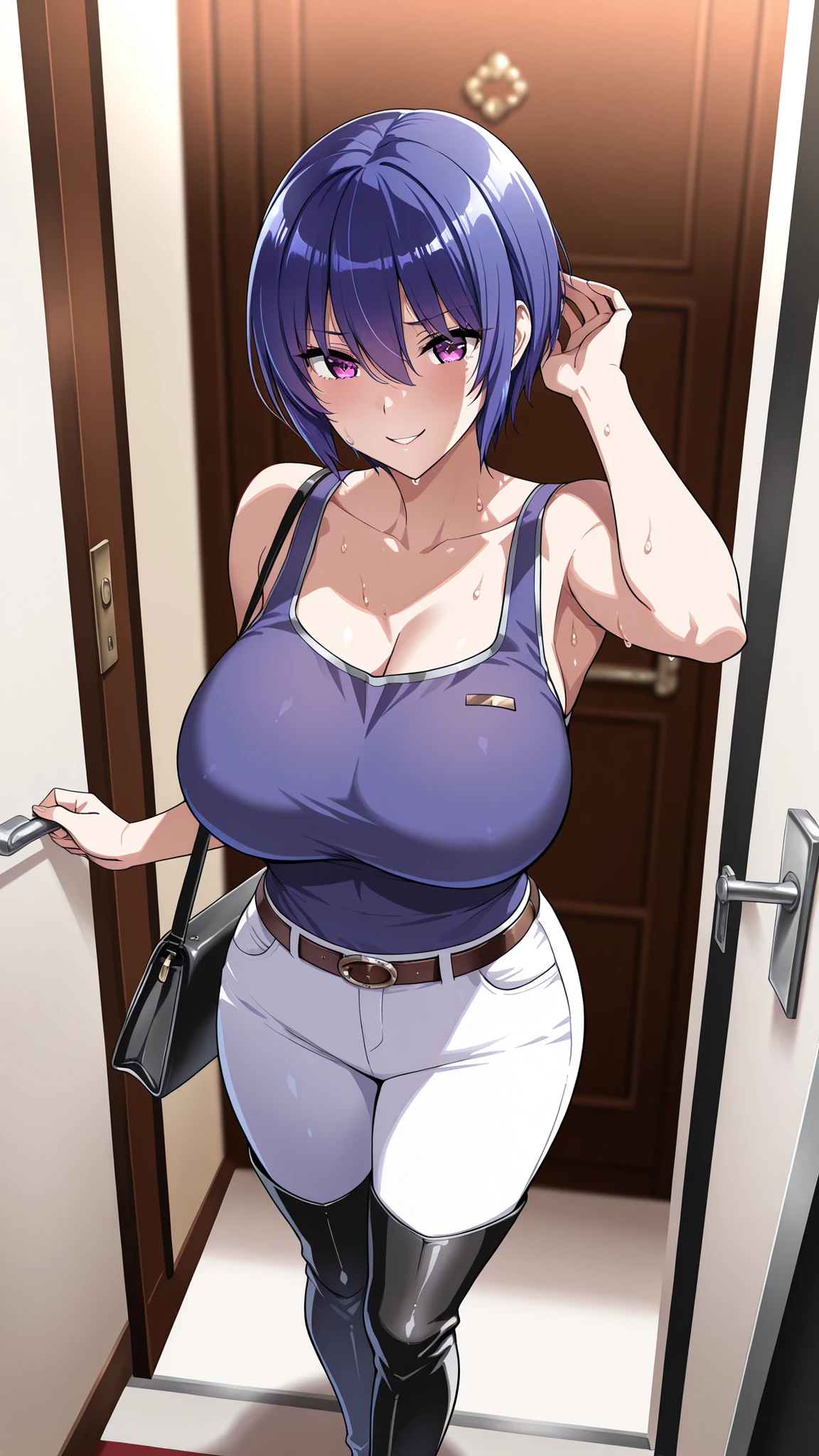 1 person,entrance,Akiyama Rinko(short hair),Beautiful woman,medium hair,white pants,belt,black thigh-high boots, Black Long Handbag,navy blue tank top,sweat,Bitter smile,Standing,