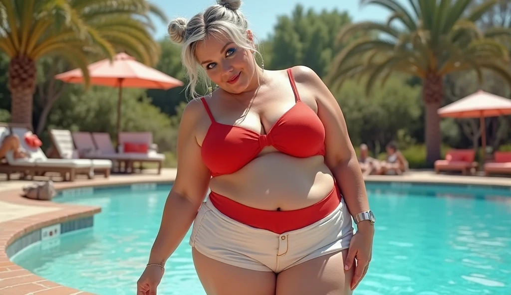 best quality, an amateur beachvacation full body photo of a slightly overweight blonde woman wearing a bikini posing  <lora:vacation_v1:0.8>