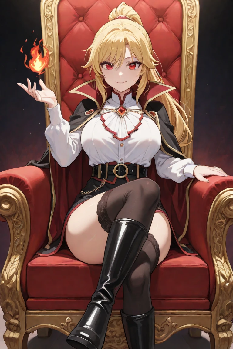 Ereshkigal sitting on a chair with legs crossed, looking at viewer with a smile, bodysuit, leotard, cameltoe, 