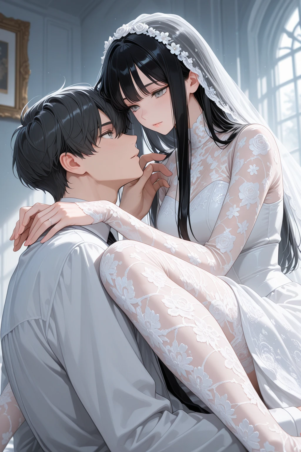 college student couple、Lovers、black hair girl、cute、droopy eyes、hug、tall man、Handsome guy、detailed face、???hug、pajamas、white clothes、A woman sits on a man's lap、smile