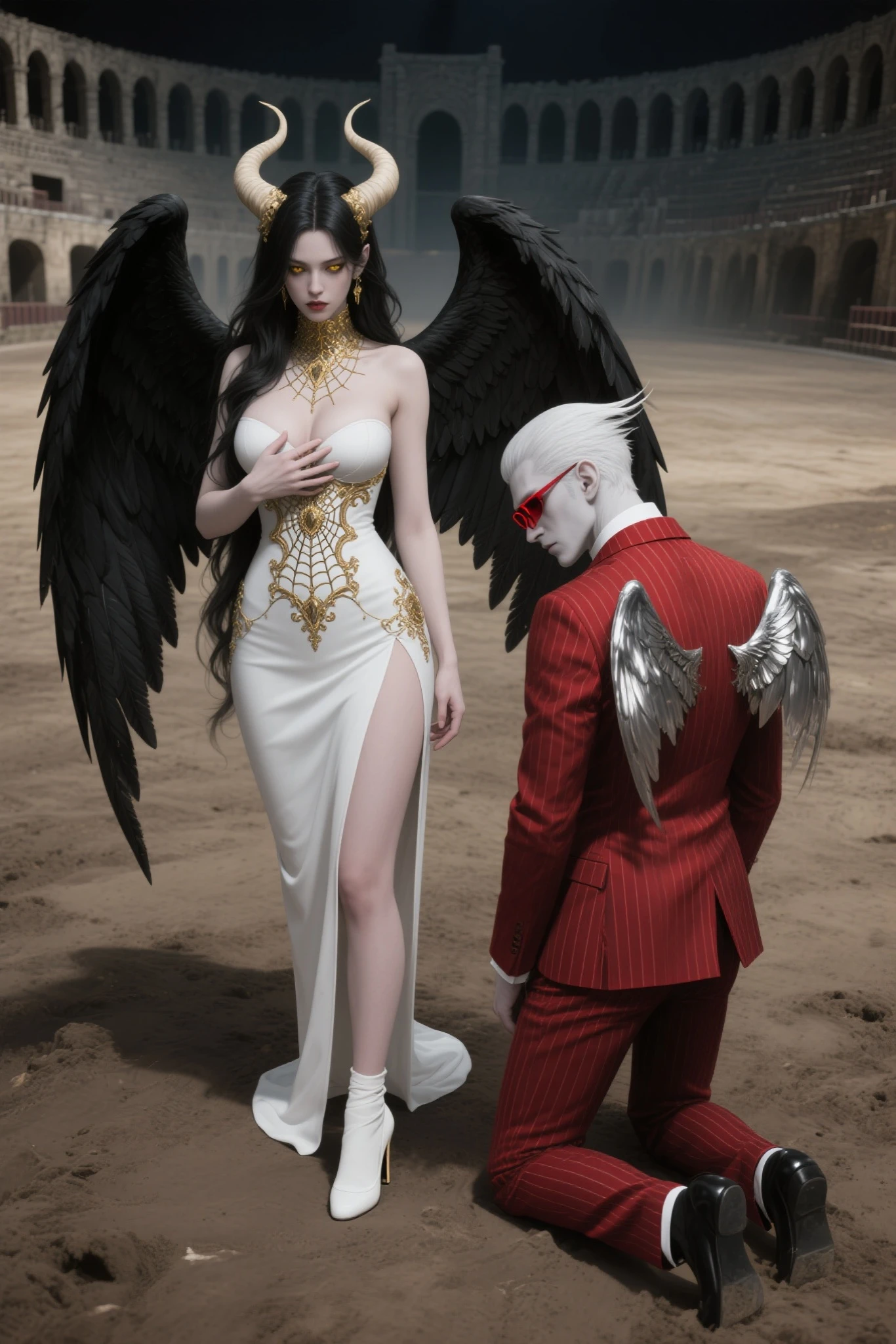 (8k, Foto RAW, melhor qualidade), (Realistic, photo-Realistic:1.37) ((ARTE SURREALISTA)), ((DARK FANTASY ART)), Uma jovem loira com vestido branco com asas, ((the wing on the right is that of a devil and the wing on the left is that of an angel)), half angel half demon, symmetrically divided in half between angel and demon, hands hold a heart floating in the middle of the chest, ((YU-GI-OH! CARD CHANGE OF HEART)), ((A single person in the photo)), ((dualidade)), ((dualidade luz e trevas)), ((DARK ANGEL)), ((DUAL FACE))
