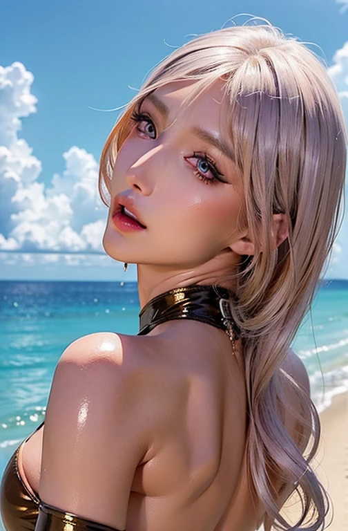 Best image quality、RAW Photos、超A high resolution、21 years old Korean、Small breasts、Dynamic Angle、Cowboy Shot、Chaos in its most beautiful form、elegant、Brutalist Design、Vibrant colors、Beautiful white hair、Short Bob、smile、fun、smile、Glowing White Skin、Beautiful eyes with random colors、Very thin lips、Beautiful eyes in every detail、length, Narrow eyes、Cheeks are pale pink、length eyelashes、Beautiful double eyelids、eye shadow、Bright white hair、Crop top、A thin see-through jacket、hot pants、Sandy Beach、Photographed from diagonally above、Selfie、Full Body Shot