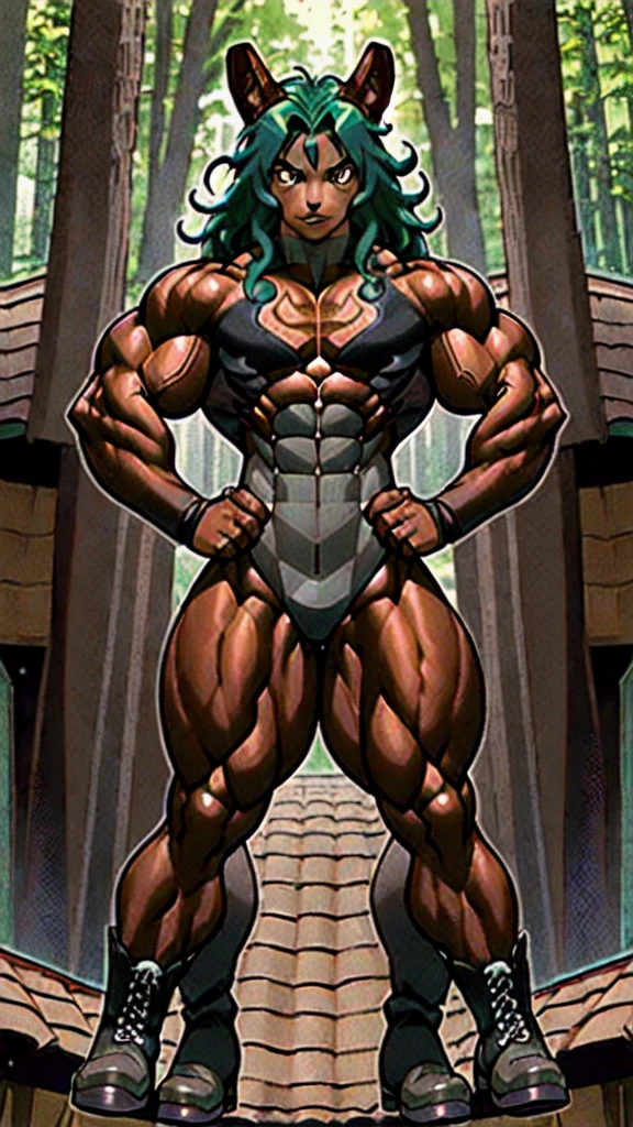(athletic muscular body), {{{(((african american)))}}}, {{{((( (glossy) (smooth) ((dark brown skin)) )))}}}, (((pro wrestler))), (((kunoichi))), {{{(((19-year-old)))}}}, {{{(((young woman)))}}}, (((tomboy))), (((stoic))), (((bored))), (((emotionless))), (((wolflike))), ( (messy) (curly) (((long))) (dark mint green hair) ), (big intense (silver eyes) ), (small breasts), toned abs, {{{(((strong leg muscles)))}}}, toned biceps, toned forearms, toned deltoids, toned triceps, toned erector spinae, toned rhomboids, toned hamstring muscles, firm muscular glutes ,{{{(((strong back muscles)))}}}, (((thick muscular trapezius))), (((big muscular latissimus))), toned quadriceps, toned gastrocnemius, toned soleus, amazing ass, (((character wearing a (skintight long sleeve (brown with some gray) (fur bodysuit) ) ))), (knee pads), (fingerless gloves), (((combat boots))), {{{(((folding her arms)))}}}, {{{(((lush fantasy forest village)))}}}, {{{(((standing on a roof)))}}}, {{{(((great anatomy)))}}}, {{{(((high muscle mass)))}}},{{{(((well-trained muscles)))}}}, {{{(((well-toned muscles)))}}}, {{{(((best quality)))}}}, {{{(((masterpiece)))}}}, {{{(((wide shot)))}}}, {{{(((90s anime)))}}},