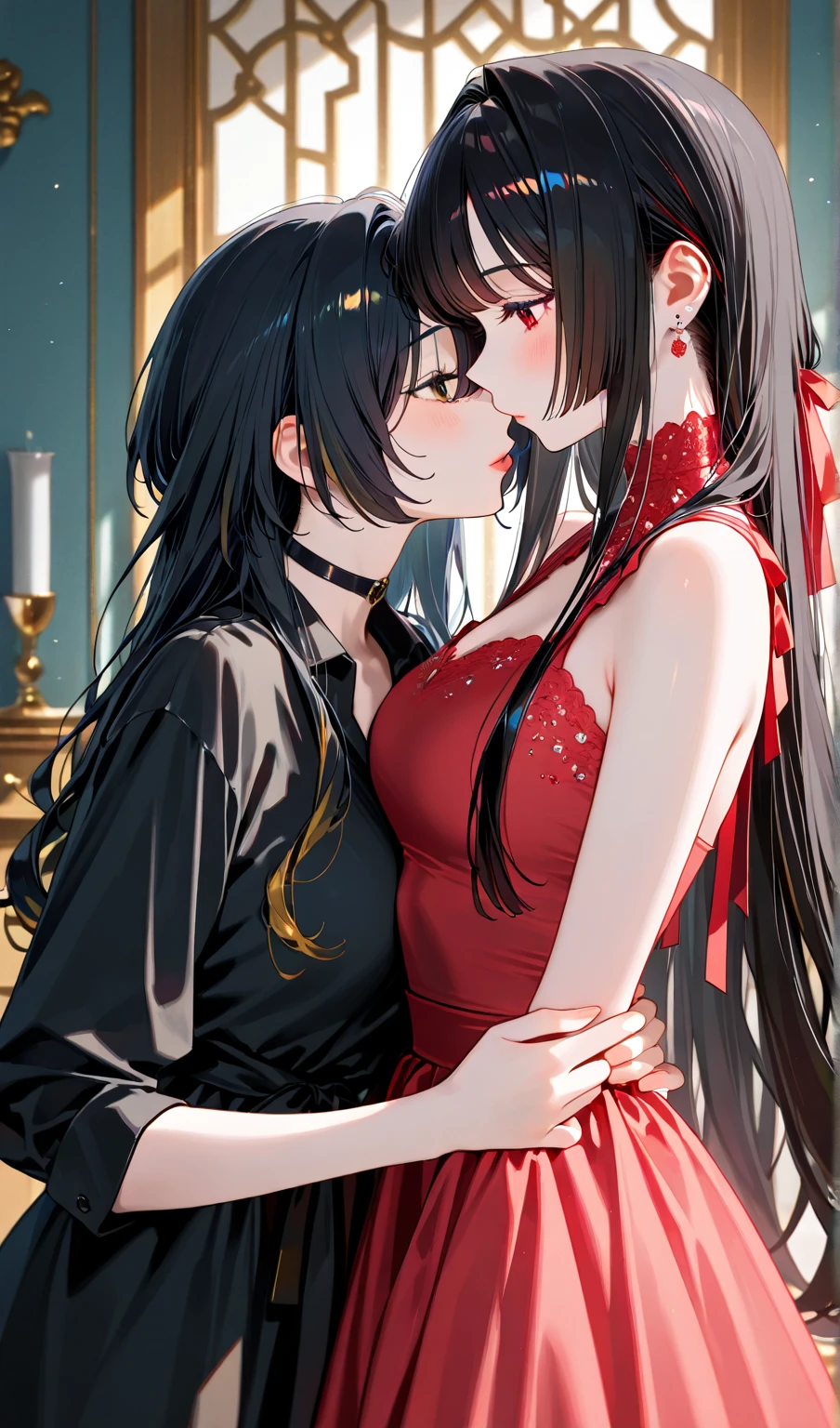 A young Asian man, with black straight hair cascading down to his shoulders, tenderly touches and kisses his lovely 25-year-old girlfriend. Her long, straight black hair flows over her shoulders, framing her beautiful face and graceful neckline. The scene unfolds in an exquisite 8k ultra clear HD image, where every detail and texture is meticulously rendered in top-quality, masterpiece definition. The man wears a red long-sleeve shirt, while the woman is clad in an elegant dress that accentuates her slender figure. They sit on a plush couch in a luxurious hotel room, with the professional lighting gently caressing their features. Her