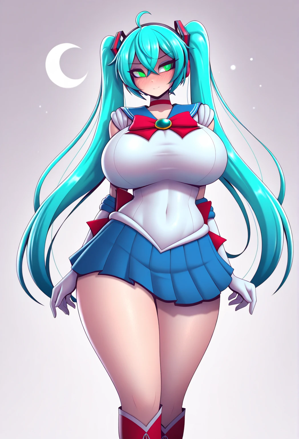 One Woman、Braided twin tails、Huge breasts、（Huge breasts：1.8)、Glasses、blue eyes、Green Hair、,((Sailor Warriorini skirt))、((Embarrassed expression))、((full moon))、((Picture below))、((Thigh-high boots))、((length))、((White length Gloves))、((White panties))