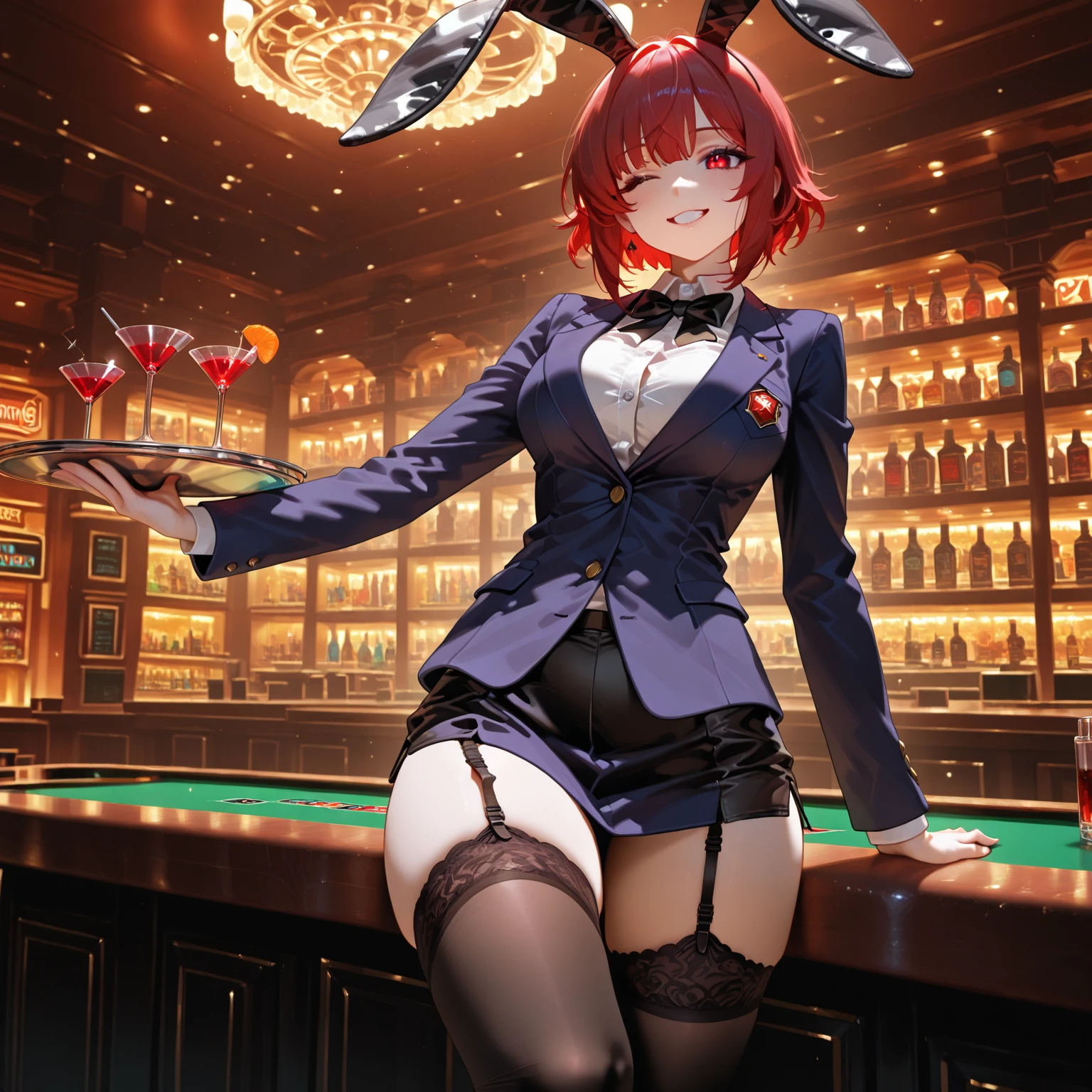 ((masterpiece, best quality, extremely detailed, absurdres)), many slot machines bacground, 1girl, standing, red hair, very short hair, (ebony skin:1.4), happy smile, closed eyes, wide open mouth, fake rabbit ears on head, wearing playboy bunny costume, off shoulder, (flat shest), bowtie, black latex leotard, pantyhose,