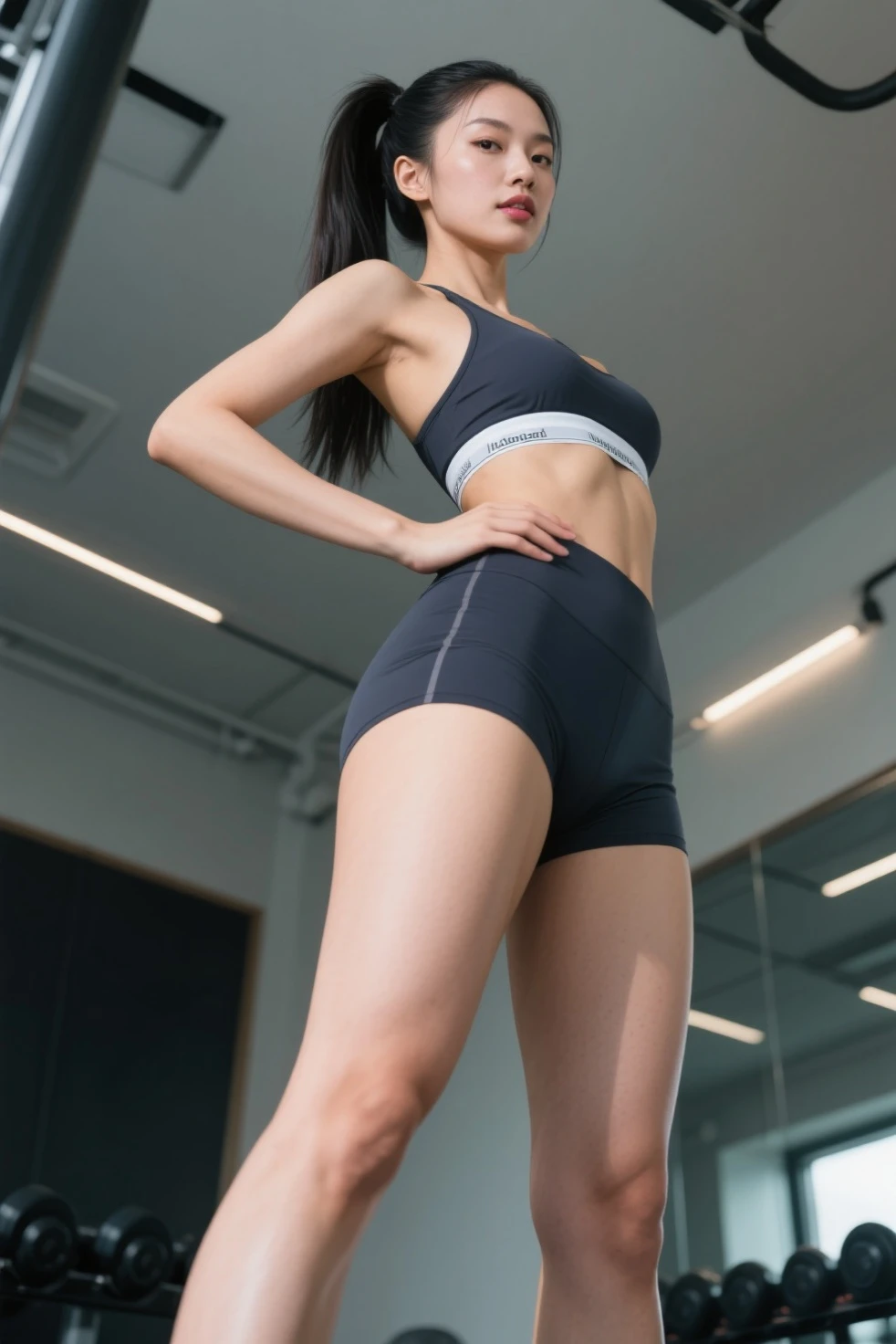 Highly detailed CG Unity 8k wallpaper, of the highest quality, masutepiece, Realistic, photographrealistic, Highly detailed beautiful woman, 30 year old、(((medium tits)))、cleavage , (get sweaty) , Round eyes, ((You can see the shape of the nipple through the clothes))、Realistic female hands、viewer, blush, Smile, ((Tall pretty woman))、((Vertical navel))、Parted lips, full body photographed , transparent red Tank top , transparent red Lewd sportswear ,((Muscle training))、 squatt, (((Thin sportswear)))、sports gym、erect through、Muchimuchi、(((Taken from below)))