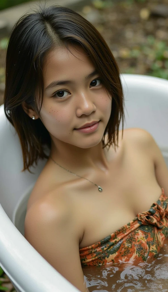 A young Thai woman with fair skin, short hair, naked, sitting by the Mekong River, smiling showing her teeth.