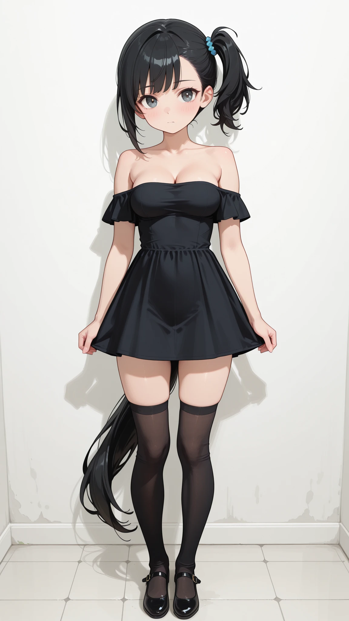 Highest quality , High resolution , Detailed CG , high school girl , short hair , Floral dress , slender , Modest chest , Beautiful small hips , Black Hair , Two limbs , Optimal ratio , Embarrassed expression , Burning cheeks , In town , Narrow alley at night , Very dark back alley , Nipples are visible , touching one's own breasts with one's own hands , facial expression during orgasm , Hiding in the shadows ,