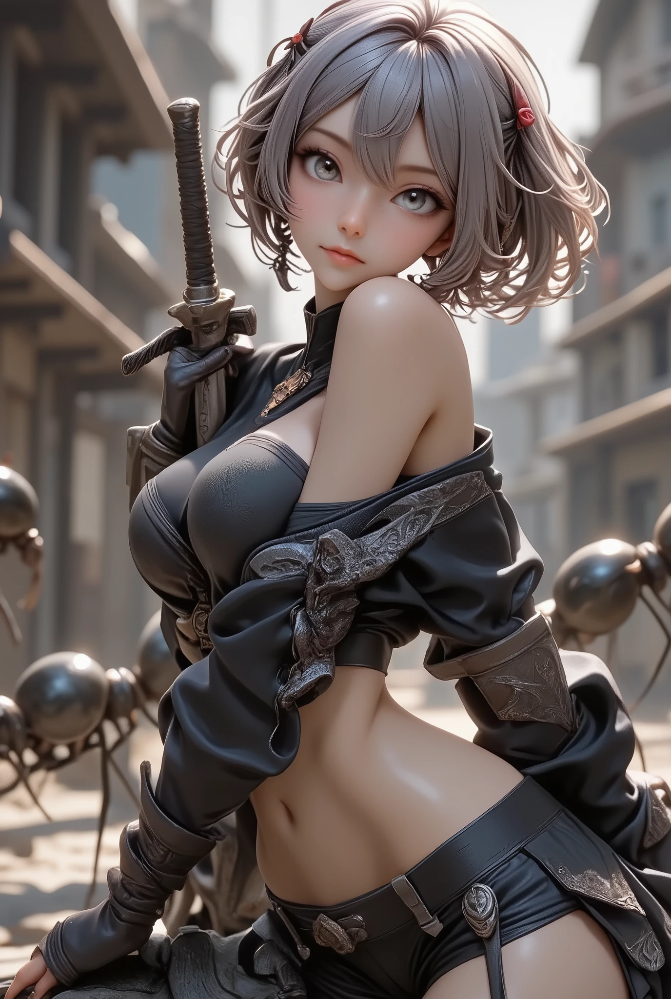 masterpiece, best quality, ultra-detailed, anime style, heroic female warrior, standing bravely against a massive swarm of ants, epic battle scene, strong and determined expression, wind blowing through her hair, sword in hand, dramatic lighting, backlight, insects charging from the distance, ground shaking, cinematic perspective, low angle view, intense atmosphere, fantasy battlefield, 2D anime illustration, cel-shading, bold outlines/sexy, deep cleavage, off-shoulder armor, (topless:1.6), (black panties:1.5)