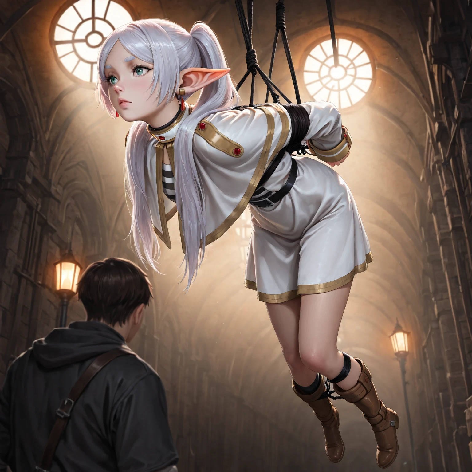 33 year old woman man,beard,blond hair, Long Hair,muscle,anger, loincloth, In a cage, slave, Chained, good looking, Facial blemishes, Squeeze the face, Red eyes, Two hands, Tattoo on the forehead, many chains, Chained on neck,
