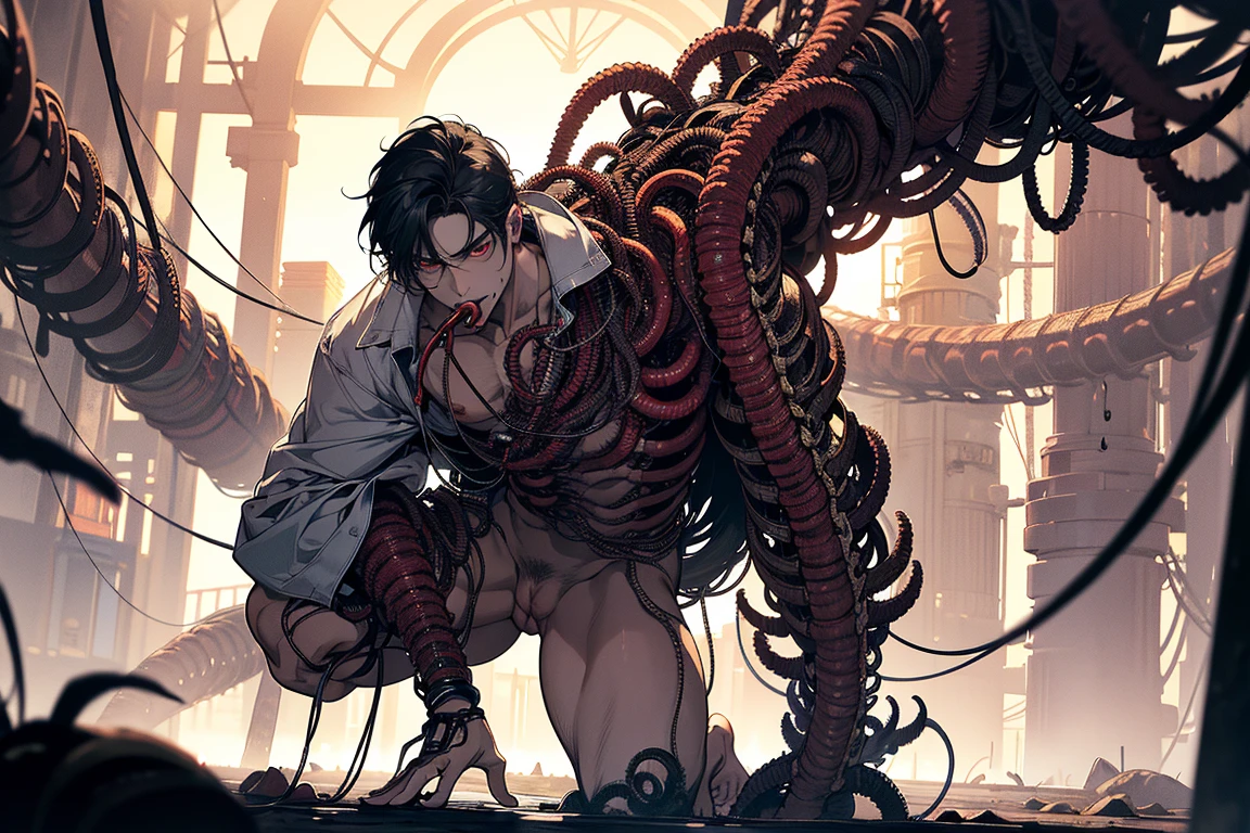 A handsome young man was pasted to the wall by a large pile of spider silk, struggling, gritting his teeth, naked, black hair, short hair, damaged weapons on the ground, mucus, saliva, wet all over, covered with spider silk, his whole body was bound by white threads, his limbs were open, coiled silk holes, all body, bare feet, spiders, huge spiders