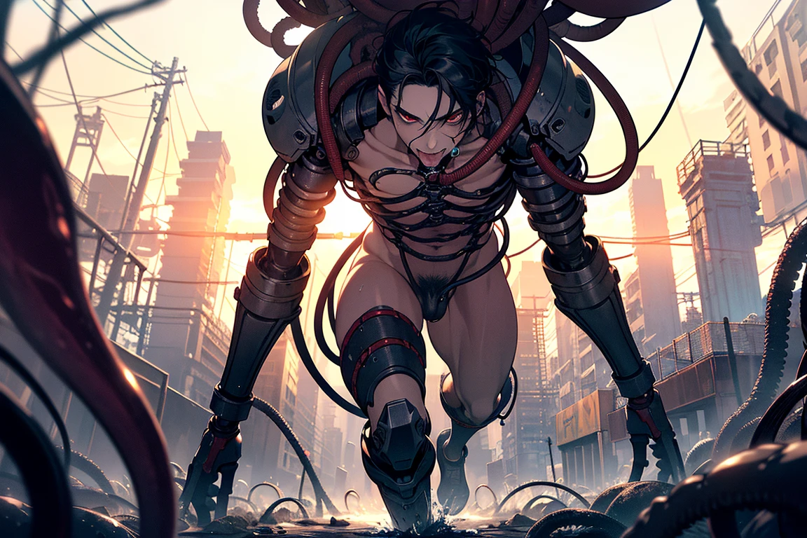 The subject of the image is a man with short black hair and red eyes. While being raped by the machine, the man's mouth and anus are violated by tentacles made from the machine, and his body floats in the air. Mechanical Rape, Man, the focus is a naked man tied to several thick wire cords and suspended in the air. Dim lighting, mechanical tentacles running around, raping the man as if he were a living thing. Deep throat, penis, semen flowing from anus, anal, man getting fucked. Torn clothes, dripping mucus, and a thick mechanical cord in his mouth. A man is anally raped by a thick mechanical tentacle.