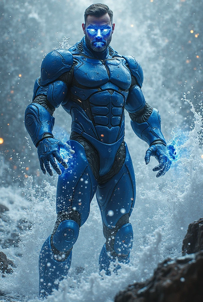 <lora:AdamHughesStyleV5:0.95> Robert Louis Drake, solo, smile, short hair, 1boy, closed mouth, monochrome, upper body, male focus, muscular, hero pose, muscular male, blue theme, ice statue, intricate details, masterpiece, absurdres, best quality, realistic, Highest Quality, (diffused soft light), dramatic lighting <lora:made_of_ice:0.25>, standing on top of water freezing