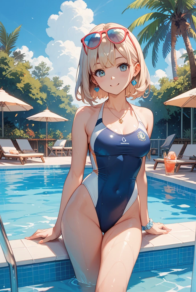 Lots of swimsuits、people、in the center((Bluish silver bob))) Square frame glasses、 (((Sparkling blue eyeid-chest)Separate swimsuit))(Background sunset beach)