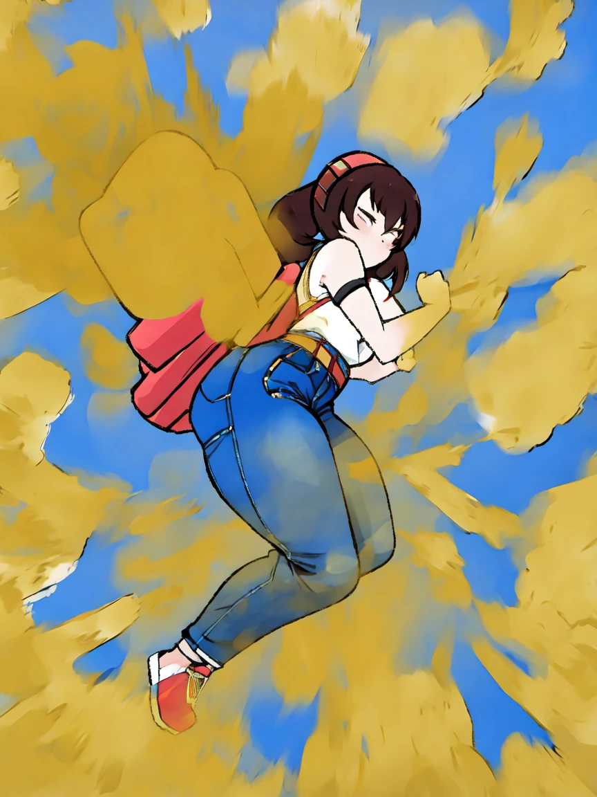 HD, high quality, high resolution, ultrahd, Kaori Makimura, wearing casual outfit, tshirt, jeans,, default hair, brown hair, tall body, massive fart, velocity, yellow smoke, clenching teeth, wide eyes, bending body, bending over, leaning, blush, embarrassed