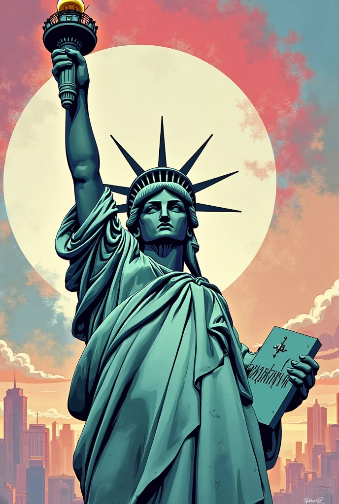 Generate an image of the Statue of Liberty considering elements of the English language comic style bright colors Where it says English