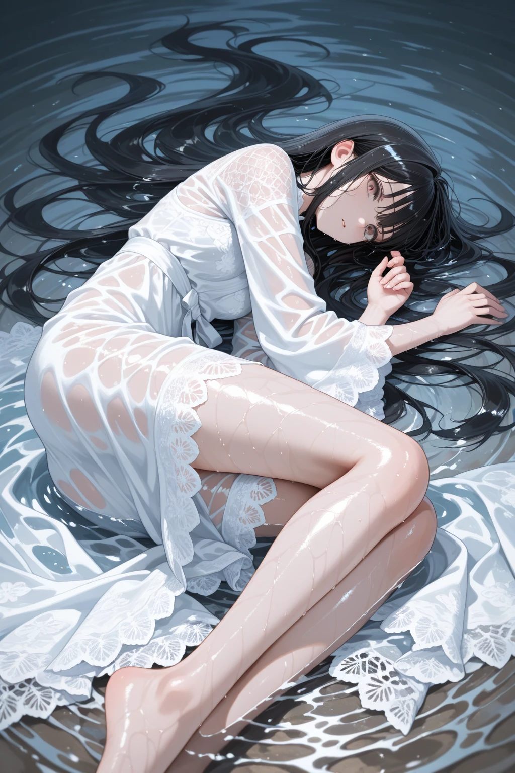 1 girl, emo_hairstyle, Red lipstick, collar, Eyeliner, eyeshadow, smoky eyes, realistic lighting, school, shirt , tie, skirt, Black Stockings, long hair, flat chest, shiny skin, bukkake, peeing self, pissing stream between legs, 8 years old, idol girl, very young, cutie, very skinny, anorexia
