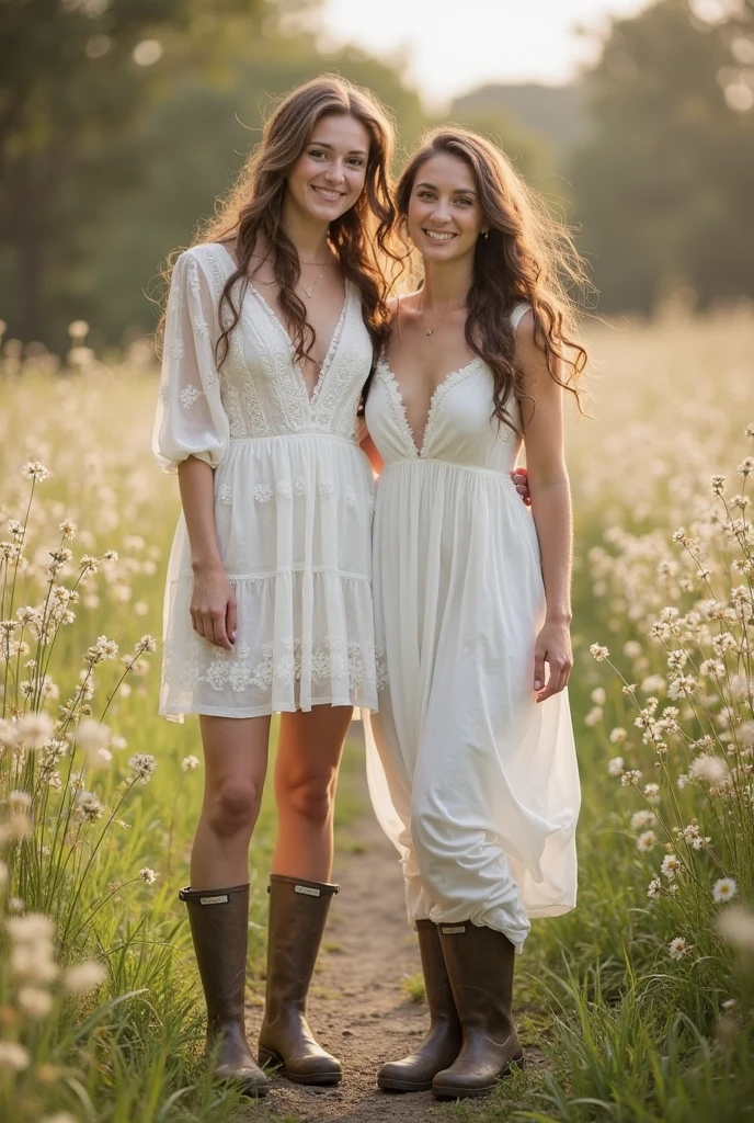 Young smiling woman aged 45, light transparent short dress, standing, center of big field of poppies, arms along the body, long brown hair, cinematic atmosphere, feminine, natural, Perfect eyes, perfect hands, perfect teeth, pretty smile, smiling look, ultra-sharp, high resolution, imperfect skin, natural skin, wide angle shot