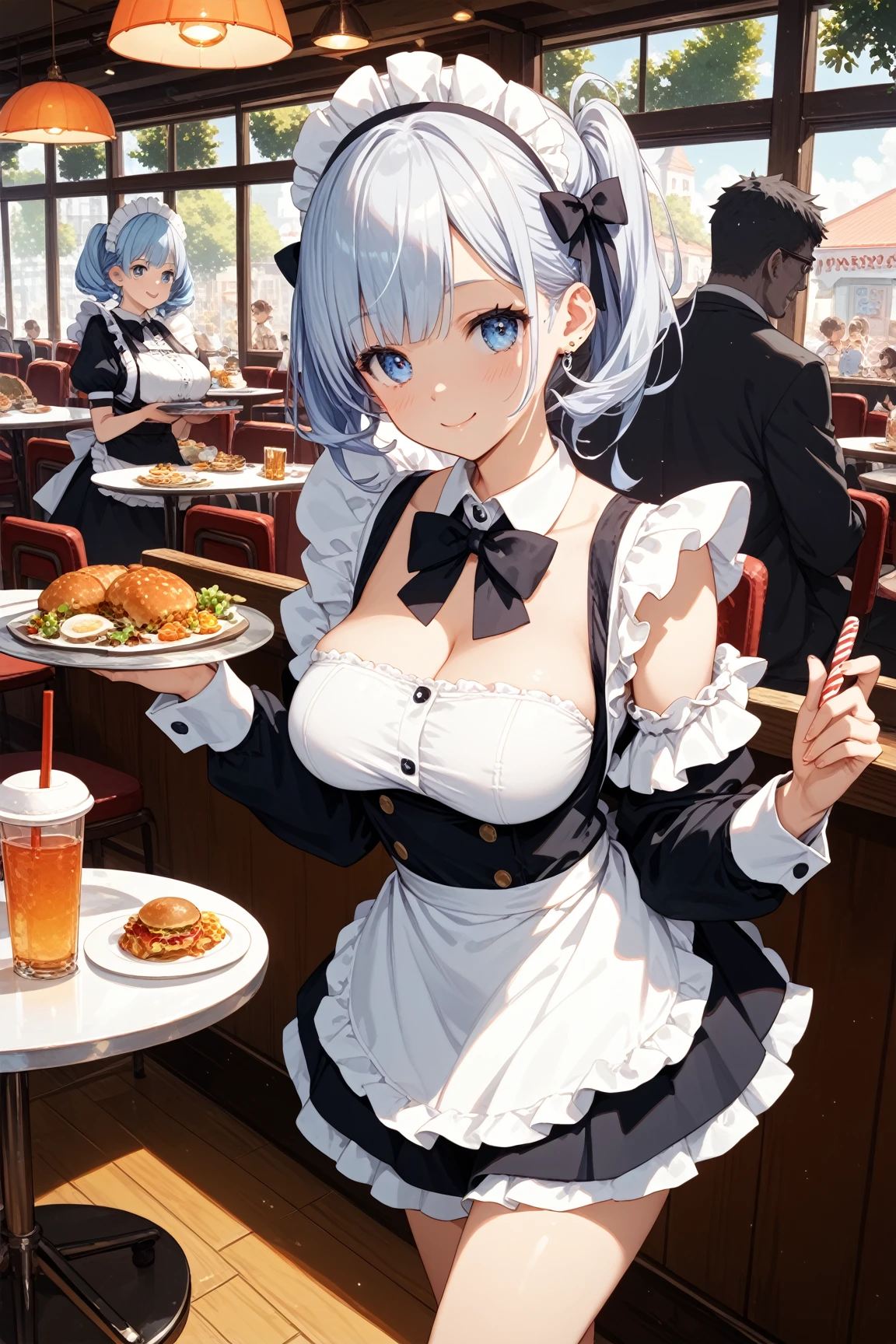 1girl、(((best quality)), ((masterpiece)), (details), masterpiece, best quality, high quality, ulutra detailed, perfect face, ((1girl, Blue eyes, cat ears: 1.3 silver bob hair: 2.5,))、Shiny Hair、Glowing Skin、Happy face、Lustful look、Maid-style topaid-style skirt、I can see my toned stomach、Knee-high stockings、Sideboob、Underboob、Making hearts with your hands、Heart effect、There are many sandwiches on the table、lunch