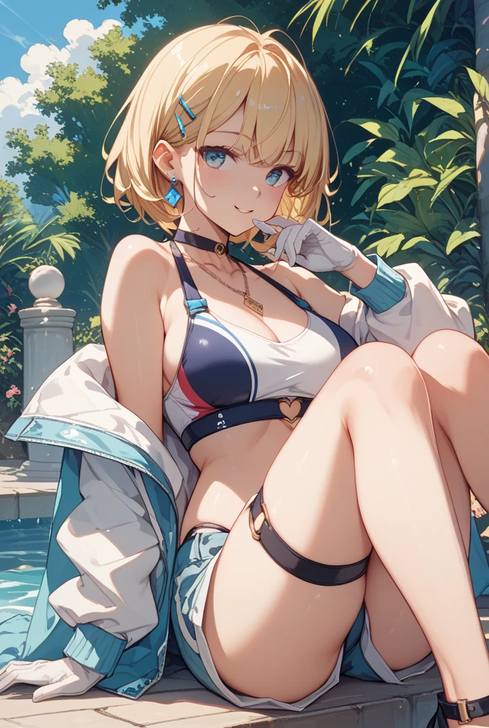 masterpiece, best quality,extremely detailed CG unity 8k wallpaper,
1girl,okita souji \(fate\), swimsuit,bikini,
 smile,open_mouth,sitting,sunlight,splash_of_water,happy,gold_eyes,half_eyes,apart_legs,rising_knee,open_legs,covered_pussy,