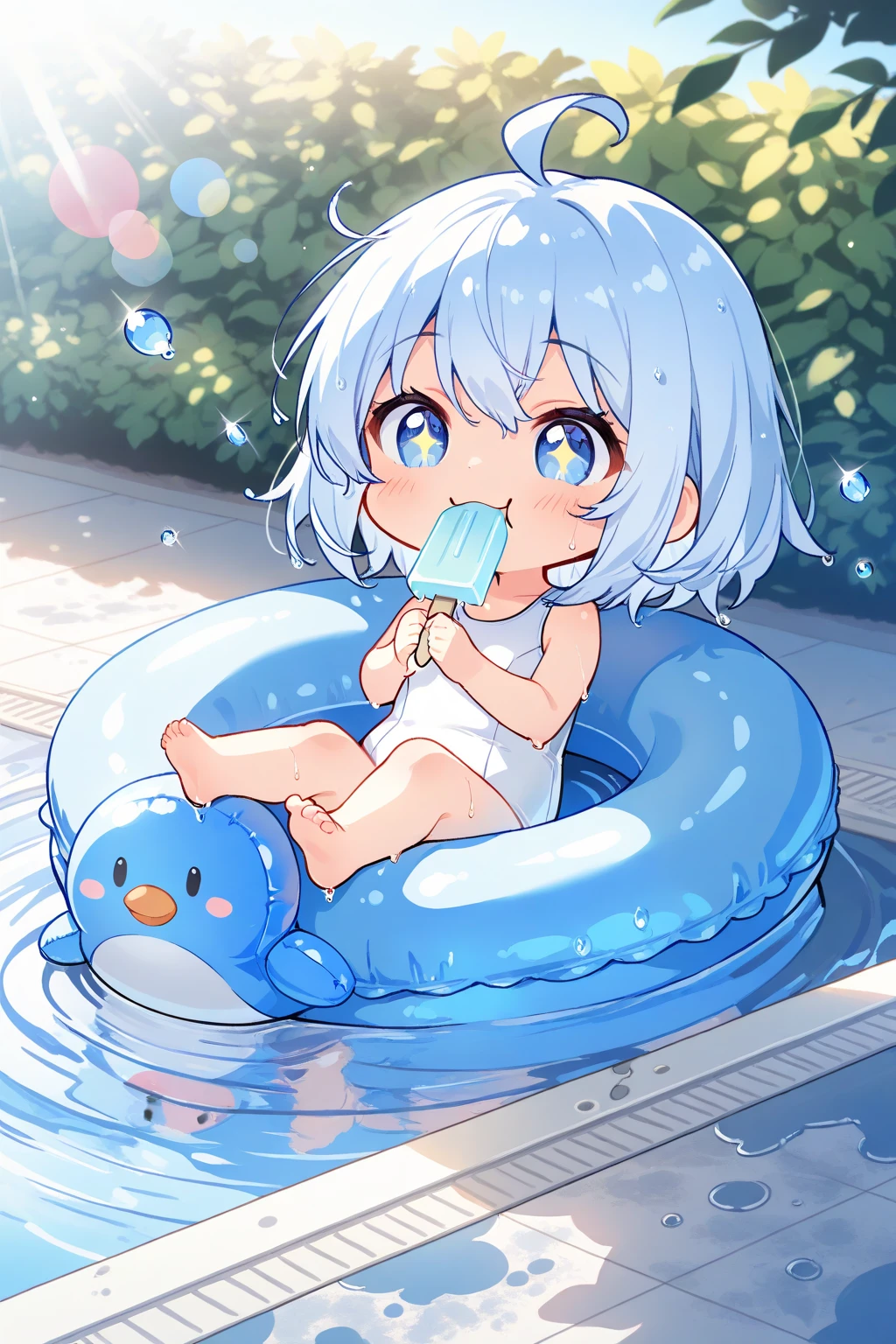 from front, full body, frilled bikini, covering chest by hand, half updo, light light blue hair, pool relaxation, inflatable float, swim ring, white background,