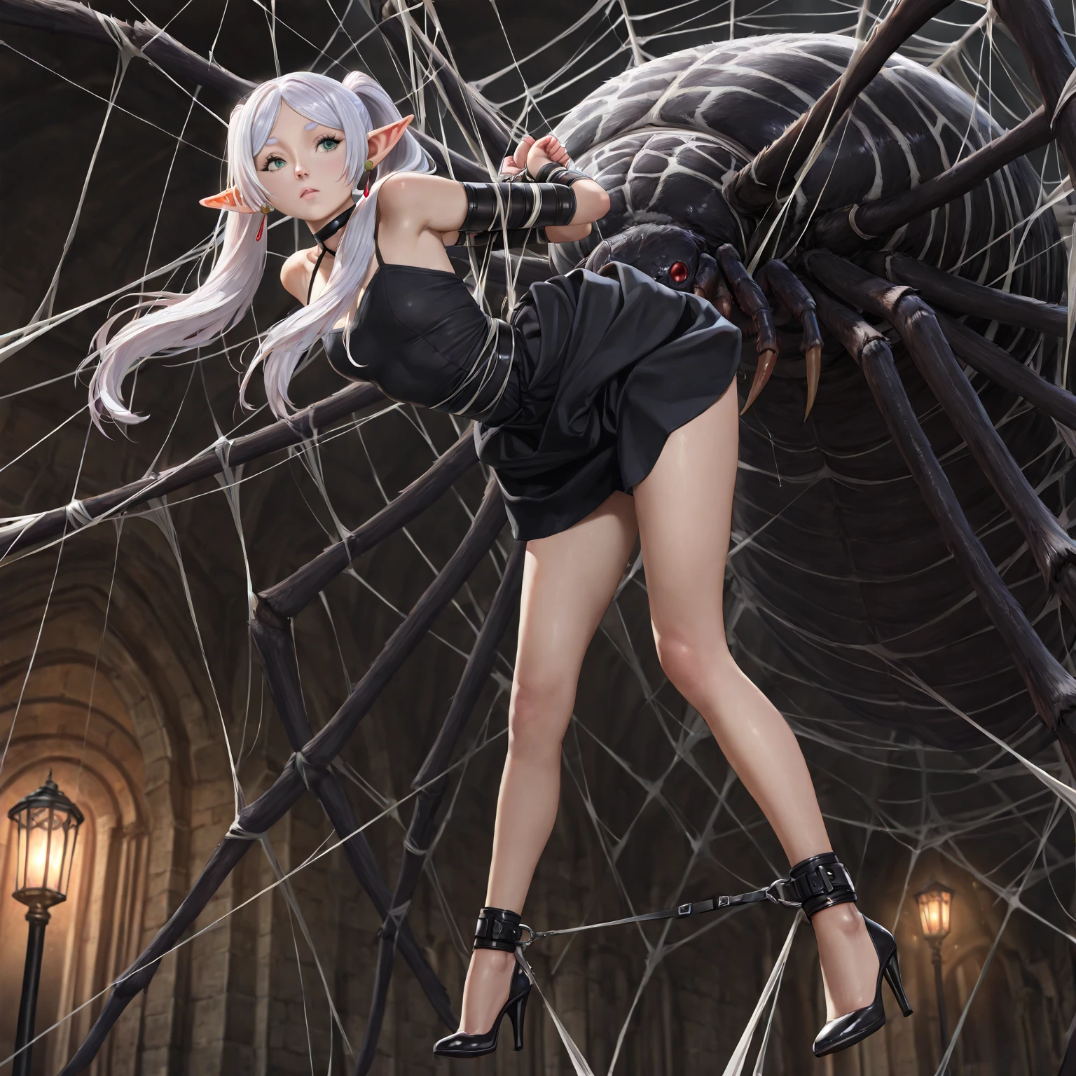 A woman sturggle in the center of the spider's web
