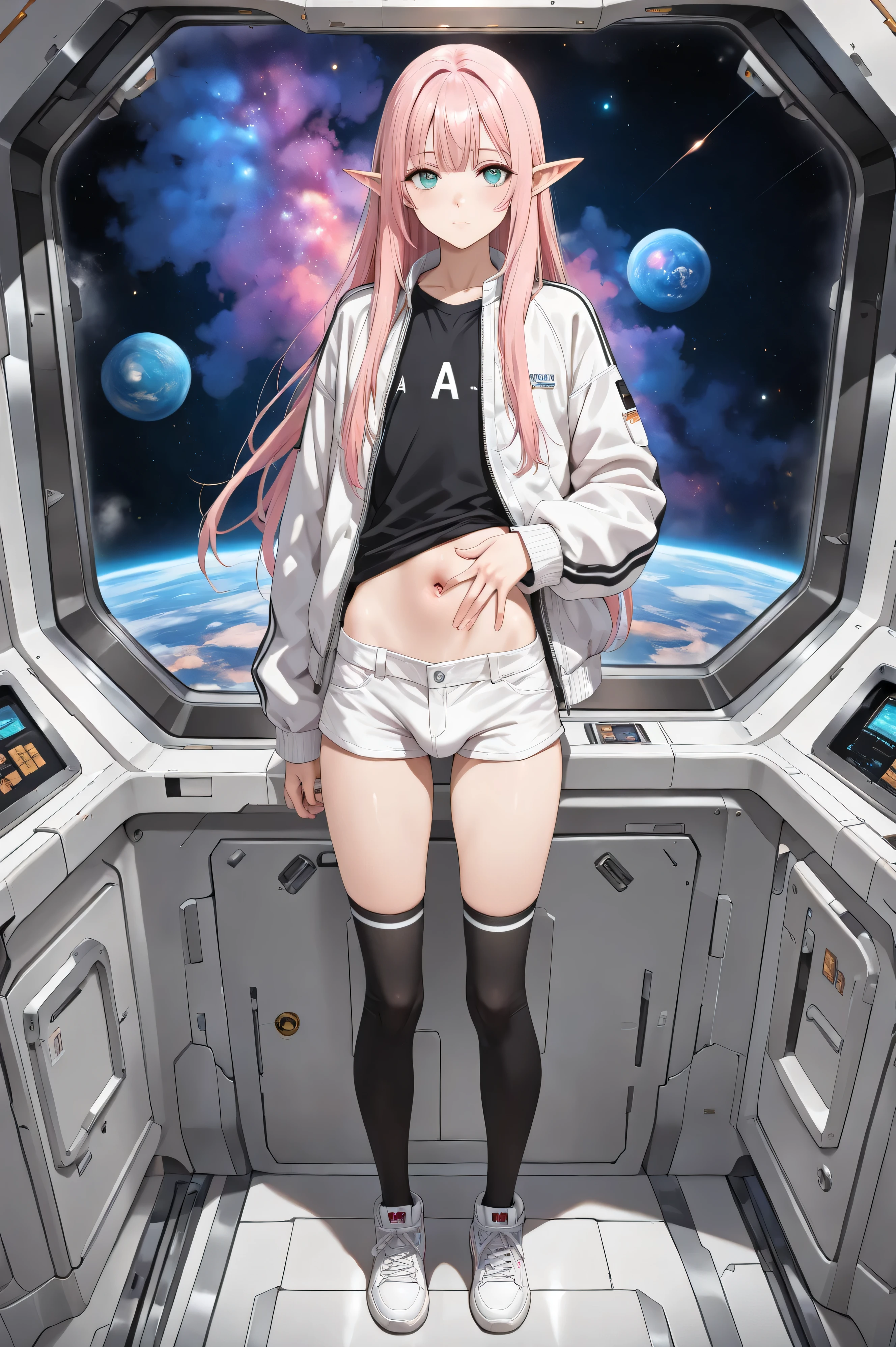 (((best quality, masterpiece))), anime, spacecraft_interior(((nebula, a giant robot in space))), elf, 1boy(((otoko no ko))), 23years old, light_pink_longhair, straight_hair, turquoise_eyes, crossdressing, girly, flat_chest, white jacket, opened jacket, black t-shirt, shortpants, over-kneehighs(unbalaced), sneakers, space style, standing, stratching, navel, spread navel, fullbody